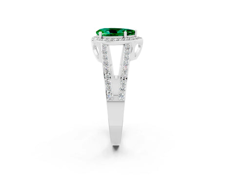 White gold Pear Cut Emerald Halo Ring with Split Shank U-Prong Band and Four-Prong Setting_2