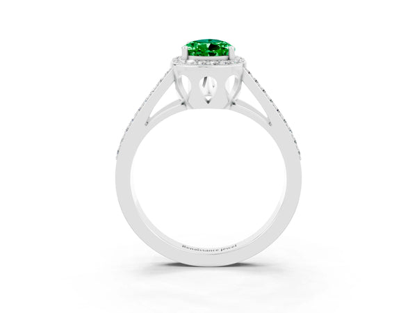 Platinum Pear Cut Emerald Halo Ring with Split Shank U-Prong Band and Four-Prong Setting