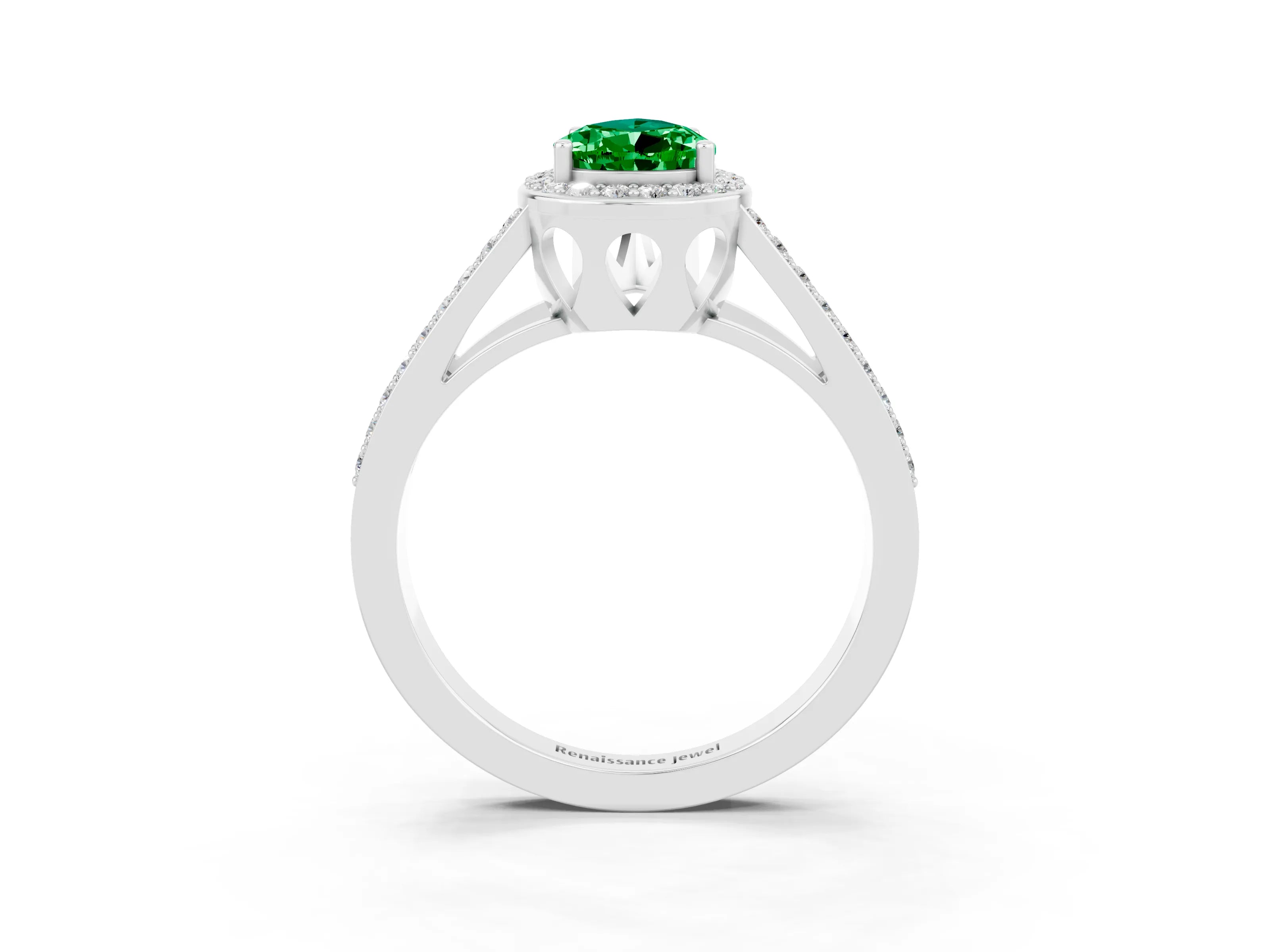 White gold Pear Cut Emerald Halo Ring with Split Shank U-Prong Band and Four-Prong Setting_3