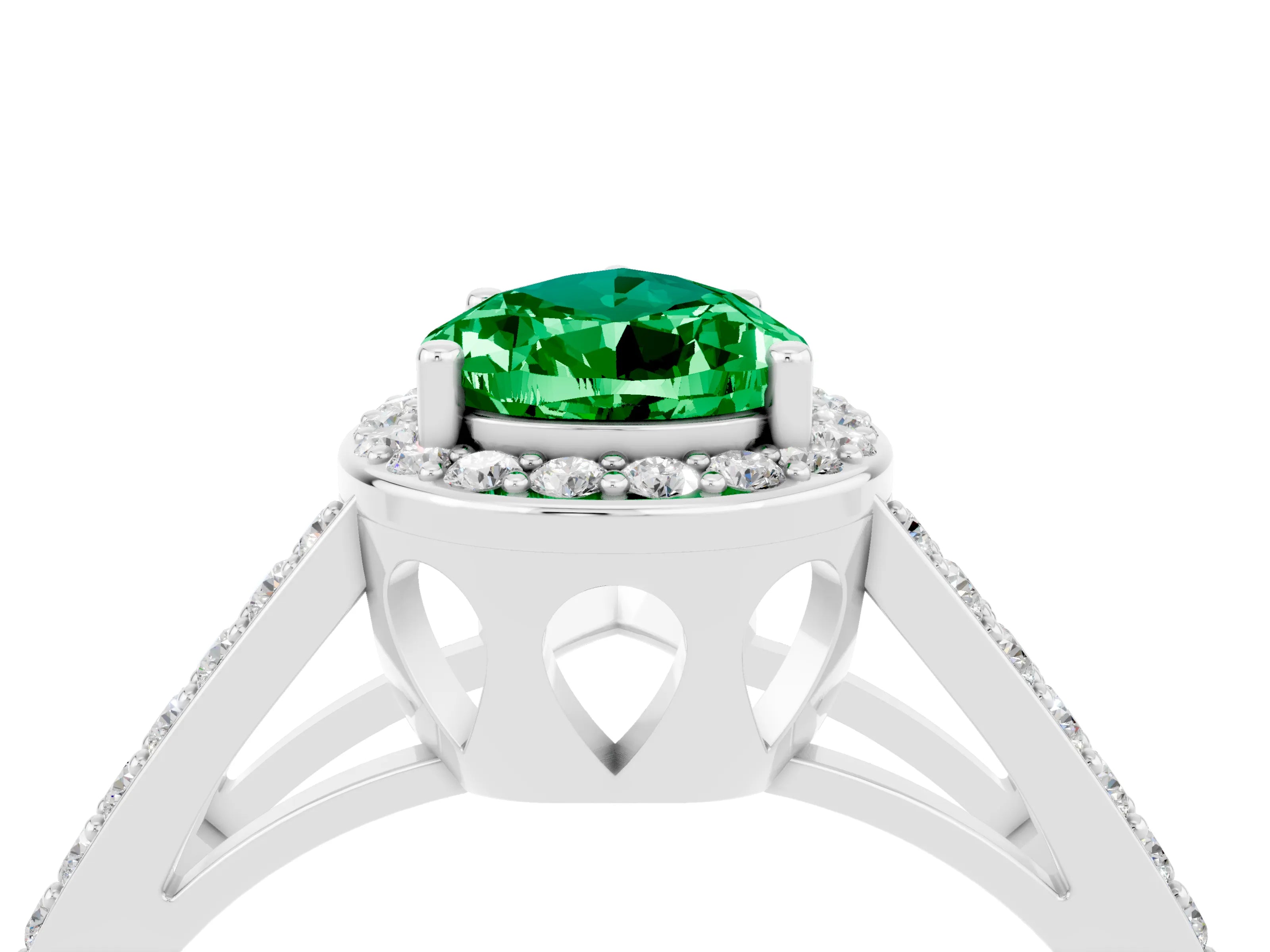 White gold Pear Cut Emerald Halo Ring with Split Shank U-Prong Band and Four-Prong Setting_4