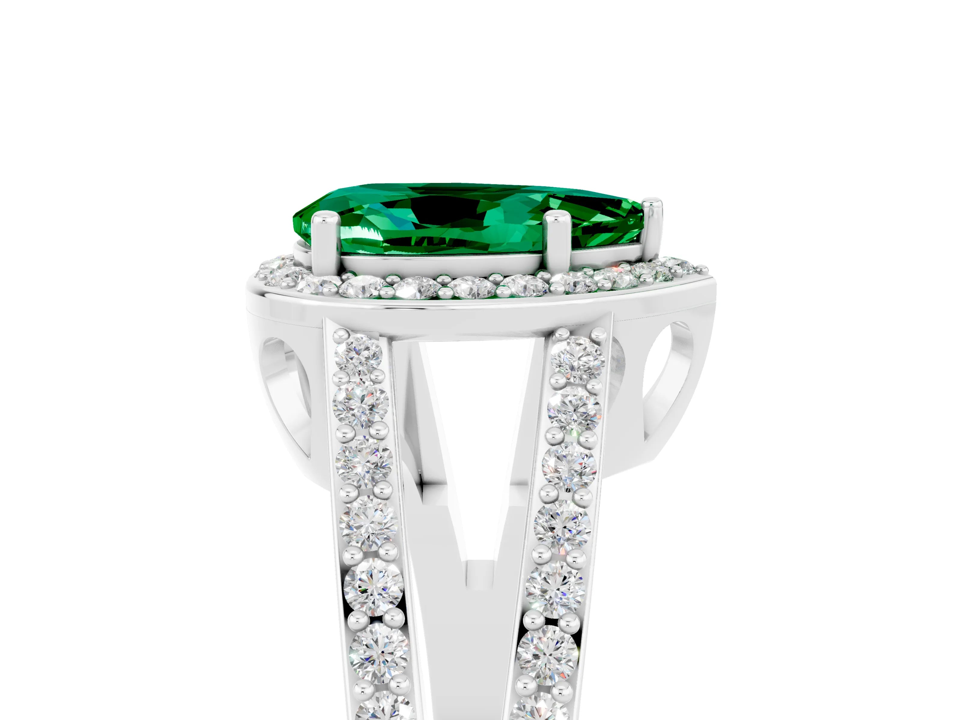 White gold Pear Cut Emerald Halo Ring with Split Shank U-Prong Band and Four-Prong Setting_5