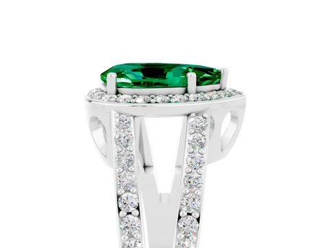 White gold Pear Cut Emerald Halo Ring with Split Shank U-Prong Band and Four-Prong Setting_5