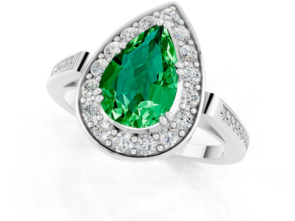 Platinum Pear Cut Emerald Halo Ring with Split Shank and Four-Prong Setting