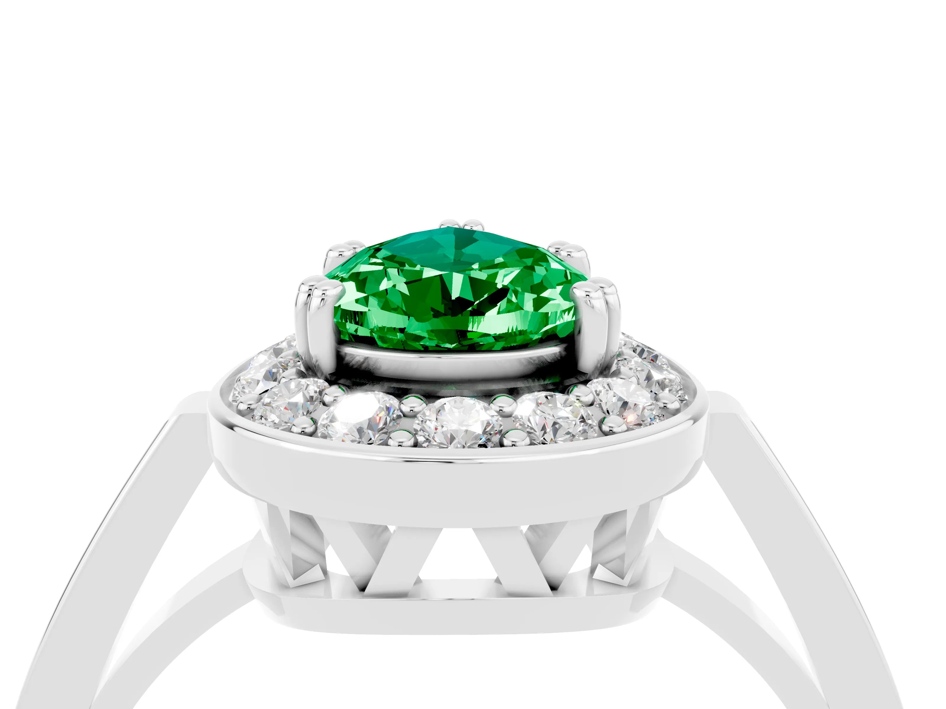 White gold Pear Cut Emerald Halo Ring with Split Shank and Four-Prong Setting_16