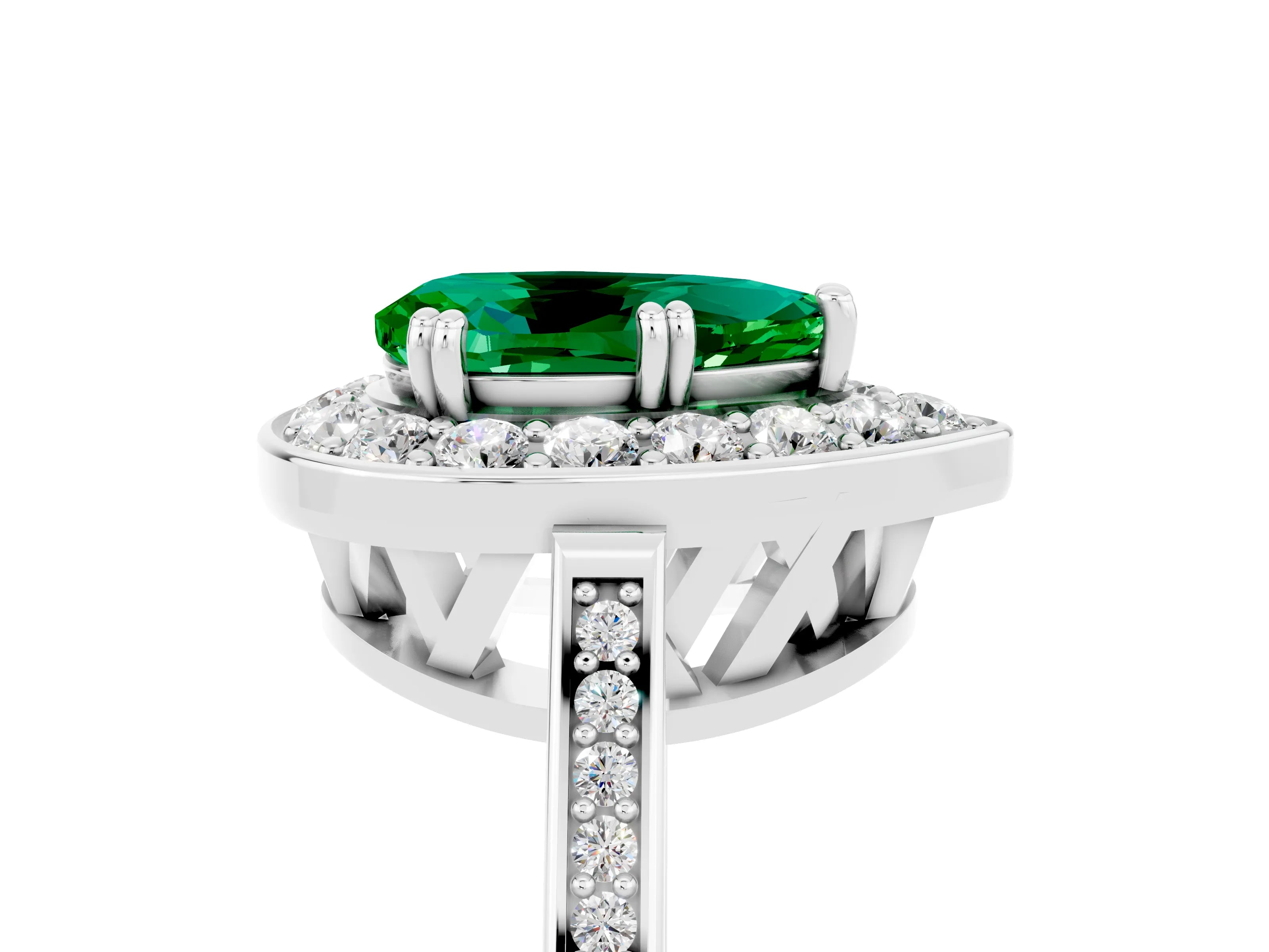 White gold Pear Cut Emerald Halo Ring with Split Shank and Four-Prong Setting_17