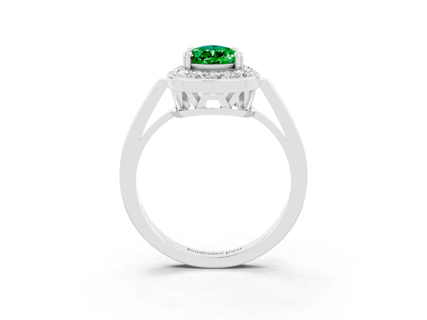 Platinum Pear Cut Emerald Halo Ring with Split Shank and Four-Prong Setting