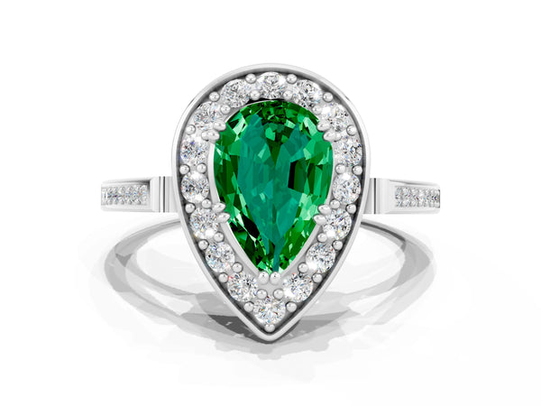Silver Pear Cut Emerald Halo Ring with Split Shank and Four-Prong Setting