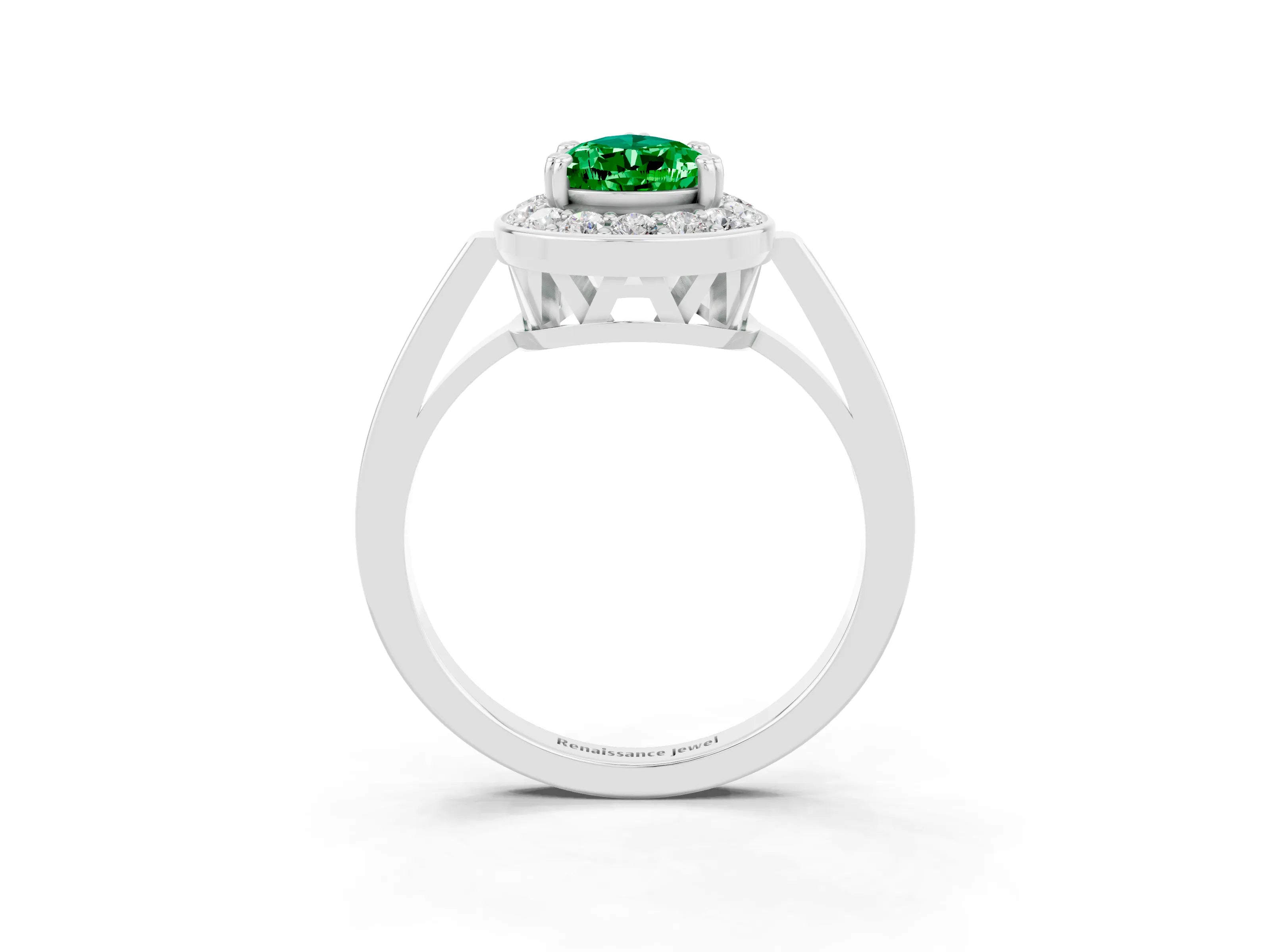 White gold Pear Cut Emerald Halo Ring with Split Shank and Four-Prong Setting_3