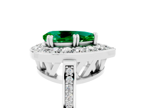 White gold Pear Cut Emerald Halo Ring with Split Shank and Four-Prong Setting_5