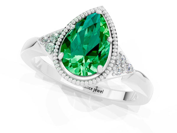 White gold Pear Cut Emerald Halo Ring with Tapered Band and Four-Prong Setting
