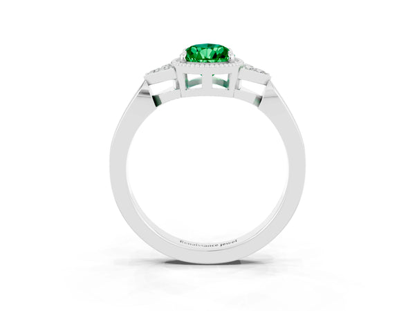 White gold Pear Cut Emerald Halo Ring with Tapered Band and Four-Prong Setting