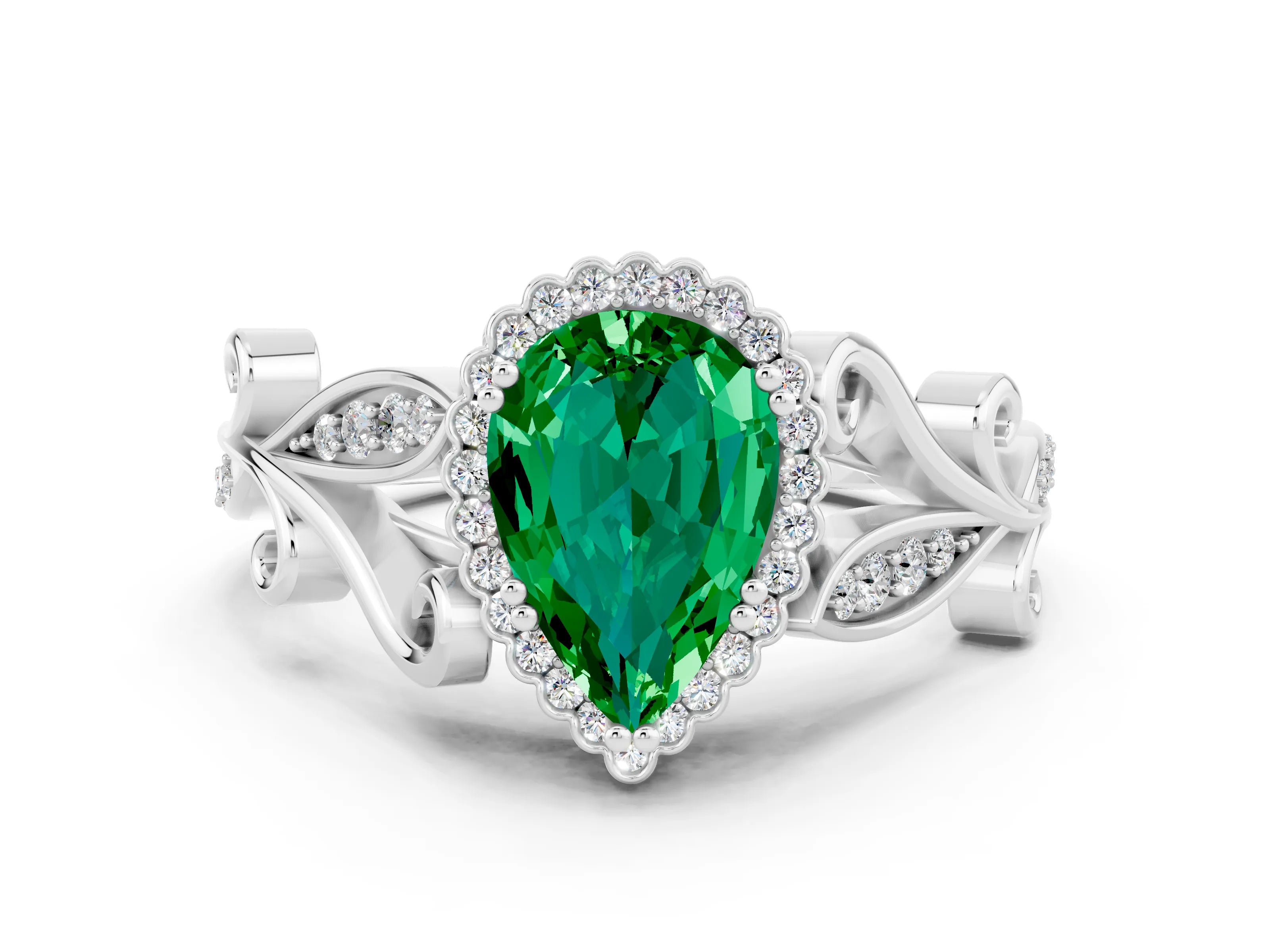 White gold Pear Cut Emerald Halo Ring with Vintage Split Shank and Four-Prong Setting