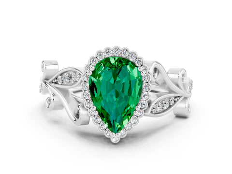 White gold Pear Cut Emerald Halo Ring with Vintage Split Shank and Four-Prong Setting