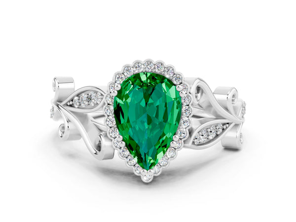 White gold Pear Cut Emerald Halo Ring with Vintage Split Shank and Four-Prong Setting