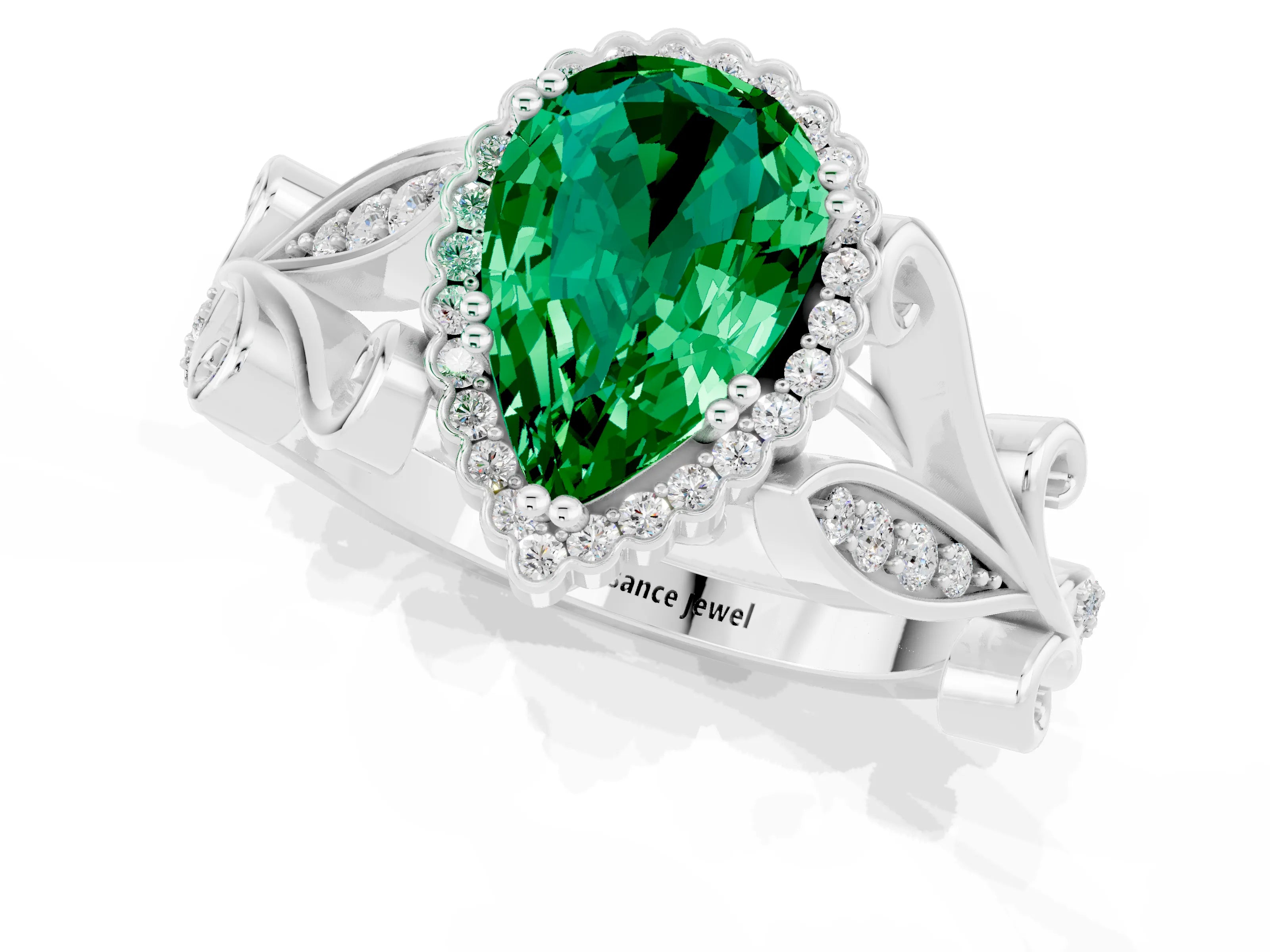 White gold Pear Cut Emerald Halo Ring with Vintage Split Shank and Four-Prong Setting_1