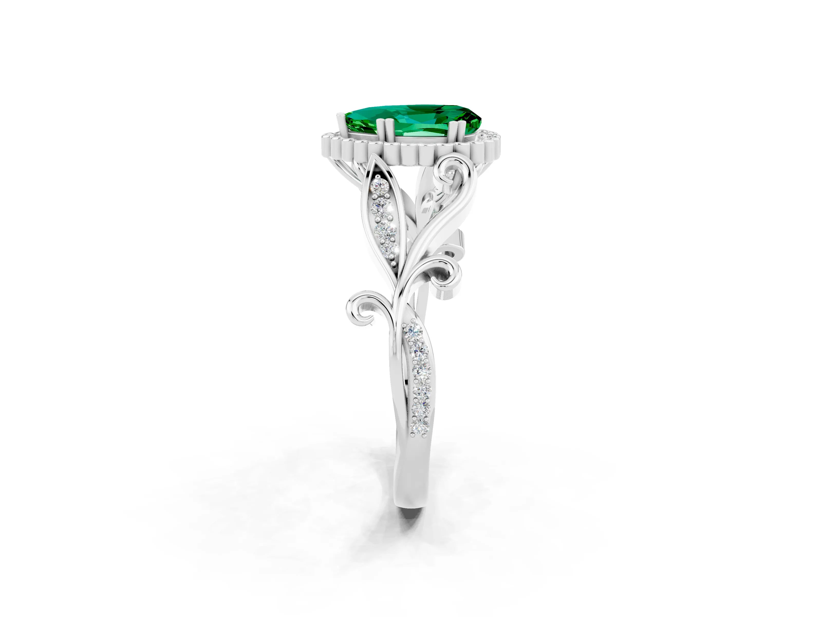White gold Pear Cut Emerald Halo Ring with Vintage Split Shank and Four-Prong Setting_2