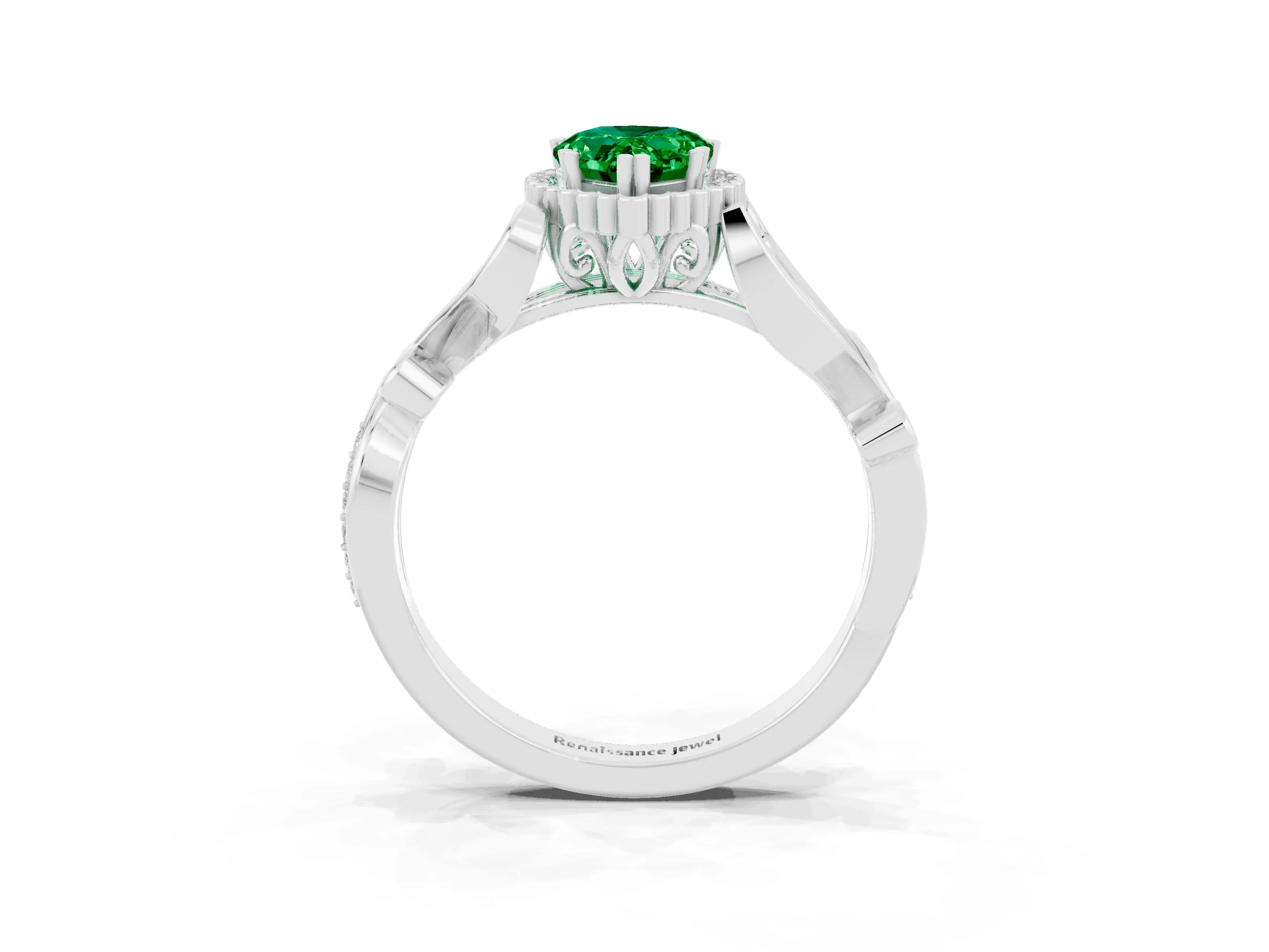 White gold Pear Cut Emerald Halo Ring with Vintage Split Shank and Four-Prong Setting_3