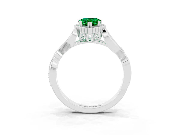 Silver Pear Cut Emerald Halo Ring with Vintage Split Shank and Four-Prong Setting