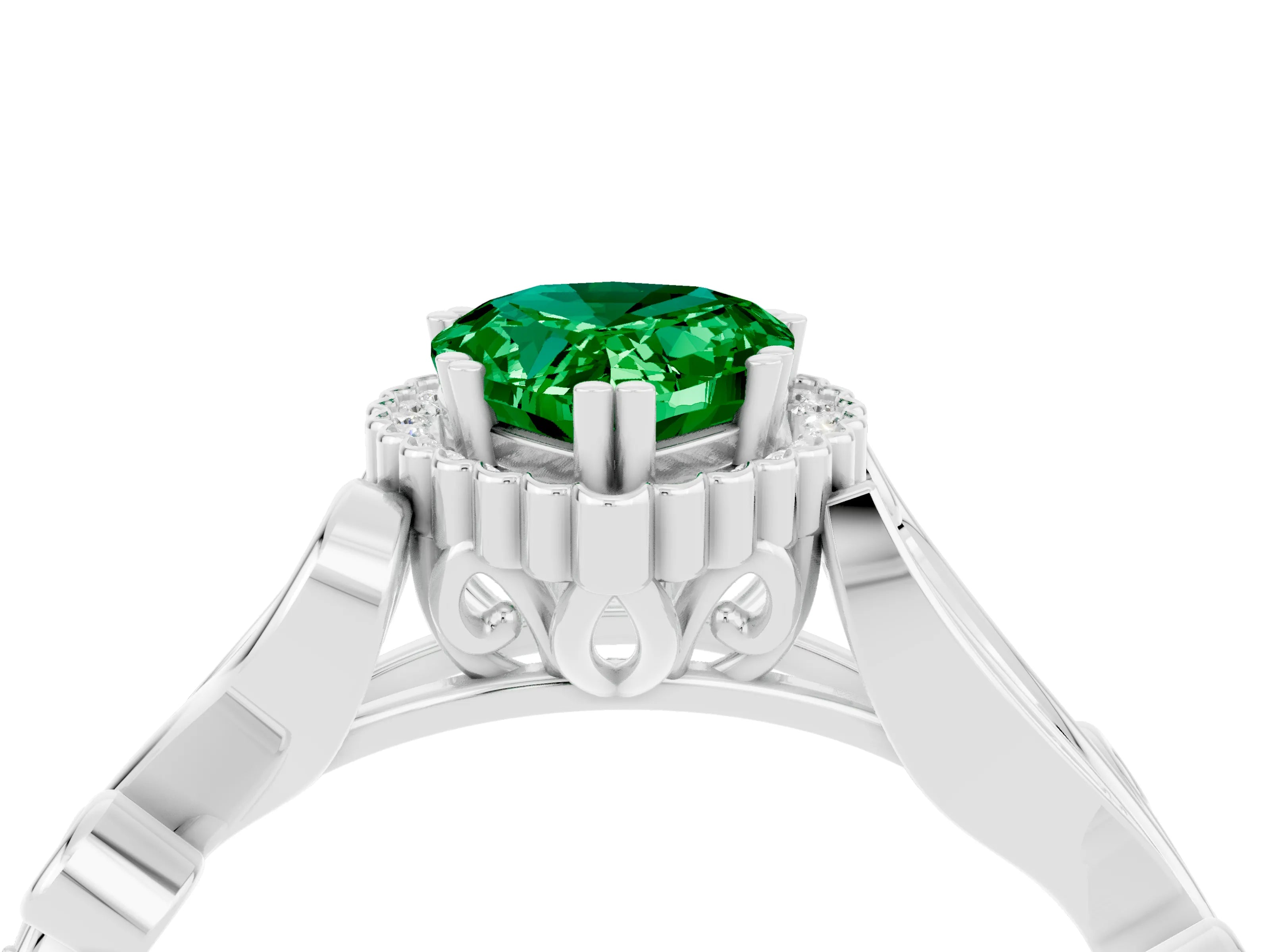White gold Pear Cut Emerald Halo Ring with Vintage Split Shank and Four-Prong Setting_4