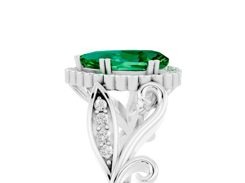 White gold Pear Cut Emerald Halo Ring with Vintage Split Shank and Four-Prong Setting_5