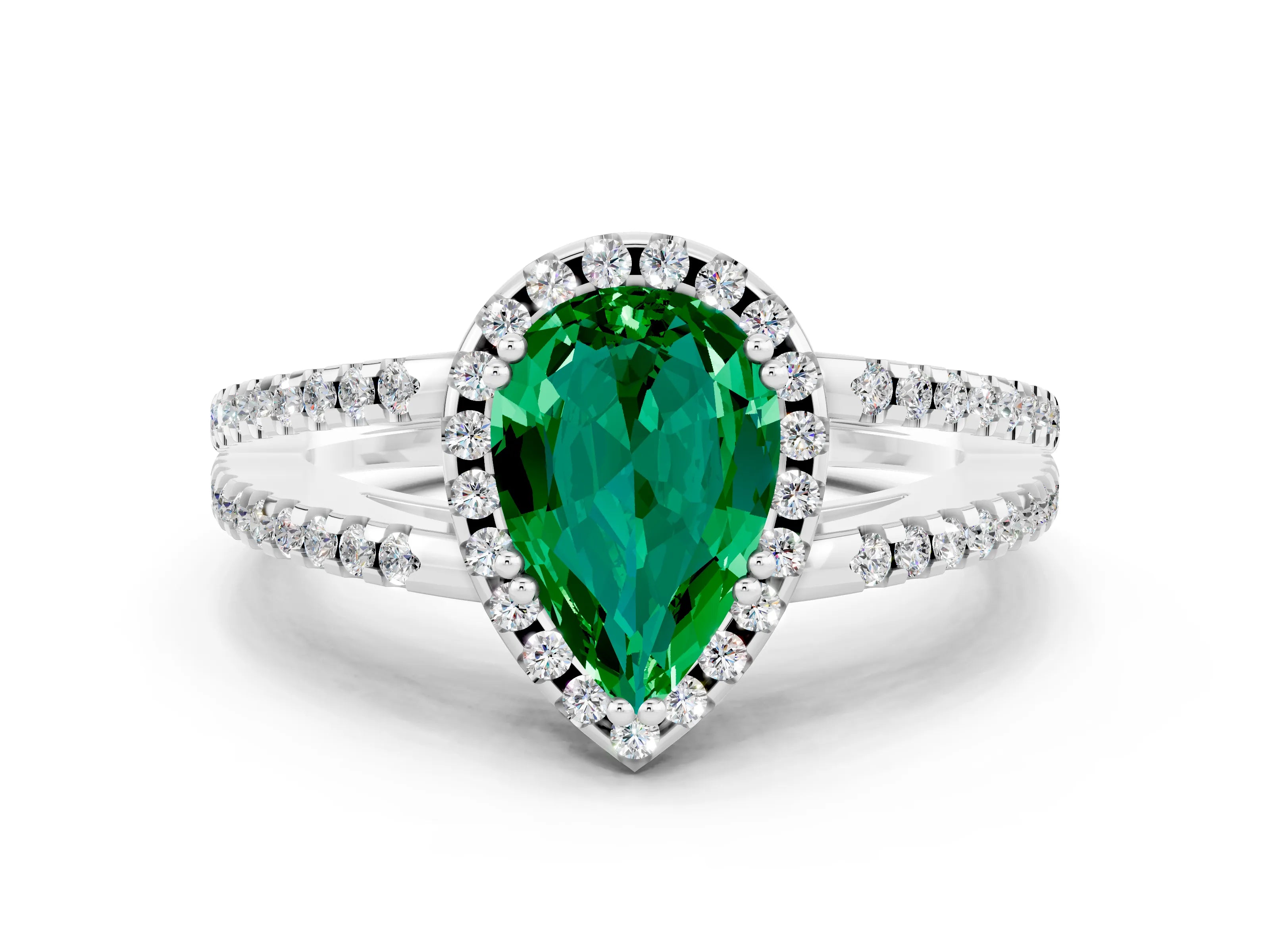 White gold Pear Cut Emerald Halo Split Shank Engagement Ring_12