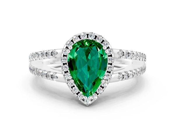 Platinum Pear Cut Emerald Halo Split Shank Engagement Ring
