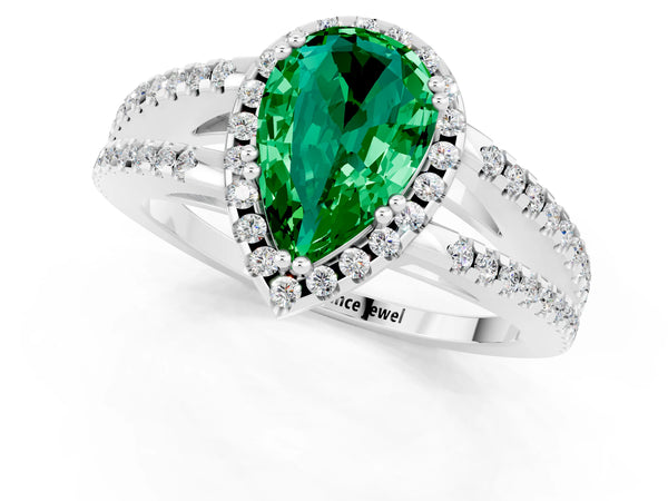 Silver Pear Cut Emerald Halo Split Shank Engagement Ring