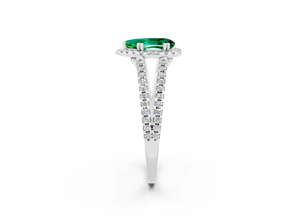 Silver Pear Cut Emerald Halo Split Shank Engagement Ring