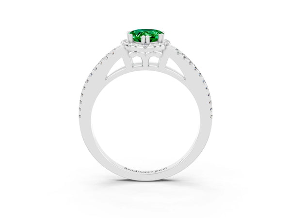 White gold Pear Cut Emerald Halo Split Shank Engagement Ring