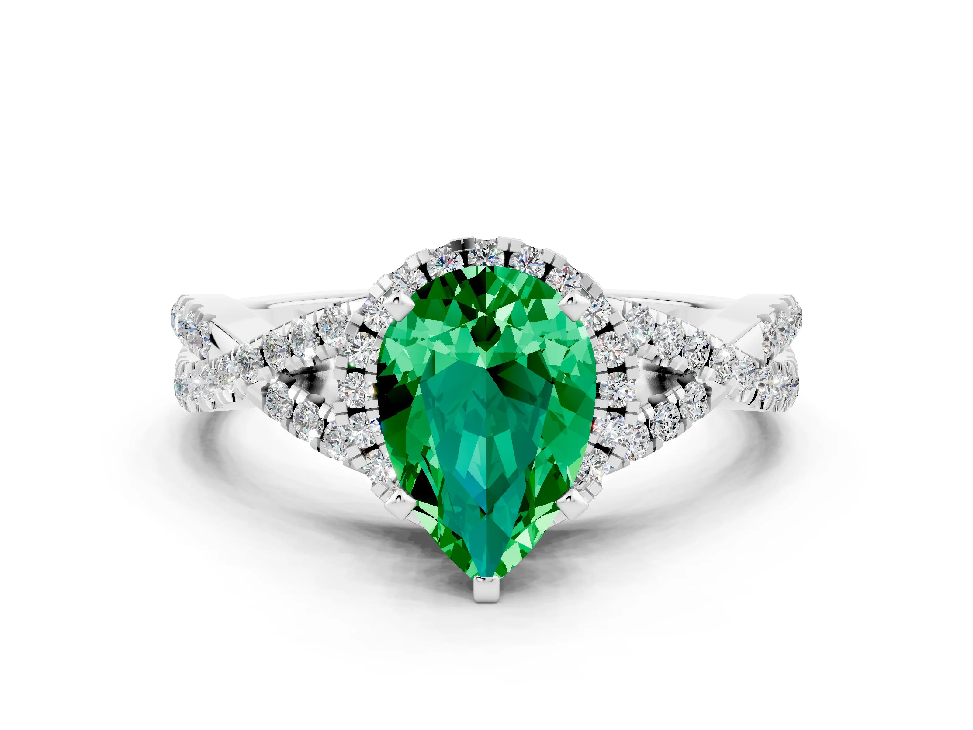 White gold Pear Cut Emerald Halo Twist Band Solitaire Prong Setting Ring