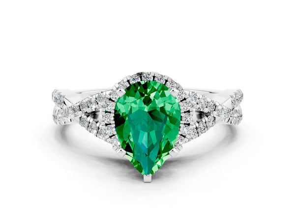 Platinum Pear Cut Emerald  Halo Twist Band Solitaire Prong Setting Ring