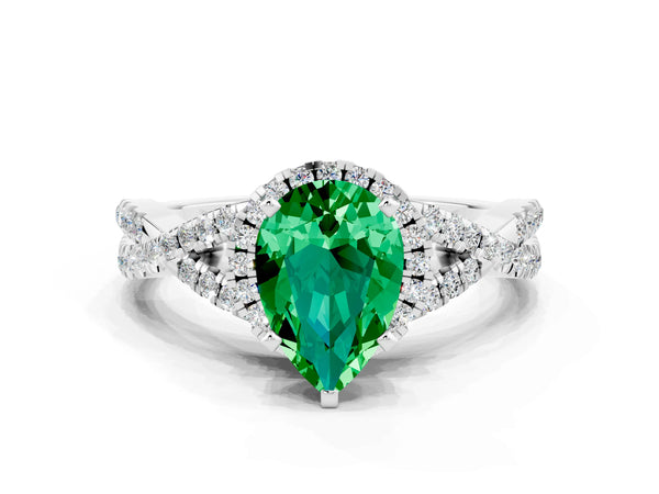 White gold Pear Cut Emerald  Halo Twist Band Solitaire Prong Setting Ring