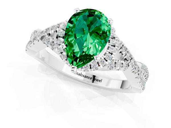 White gold Pear Cut Emerald  Halo Twist Band Solitaire Prong Setting Ring