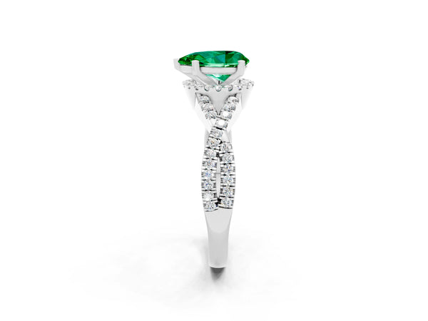 White gold Pear Cut Emerald  Halo Twist Band Solitaire Prong Setting Ring