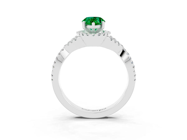 White gold Pear Cut Emerald  Halo Twist Band Solitaire Prong Setting Ring