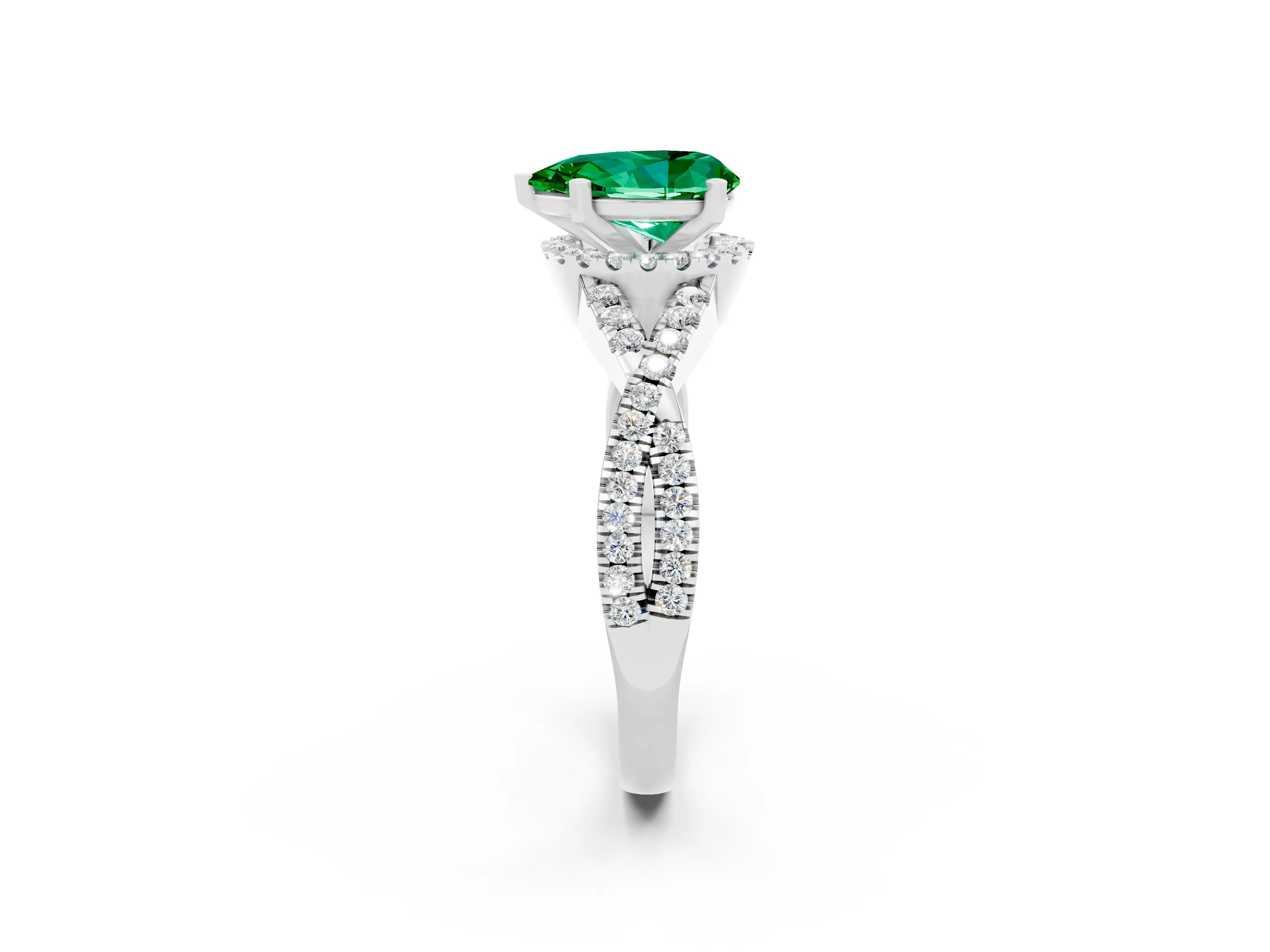 White gold Pear Cut Emerald Halo Twist Band Solitaire Prong Setting Ring_2