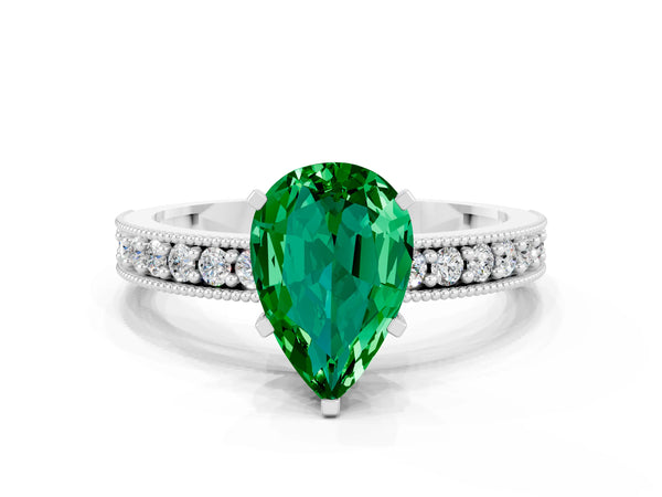 Platinum Pear Cut Emerald Milgrain Pavé Engagement Ring with Four-Prong Setting