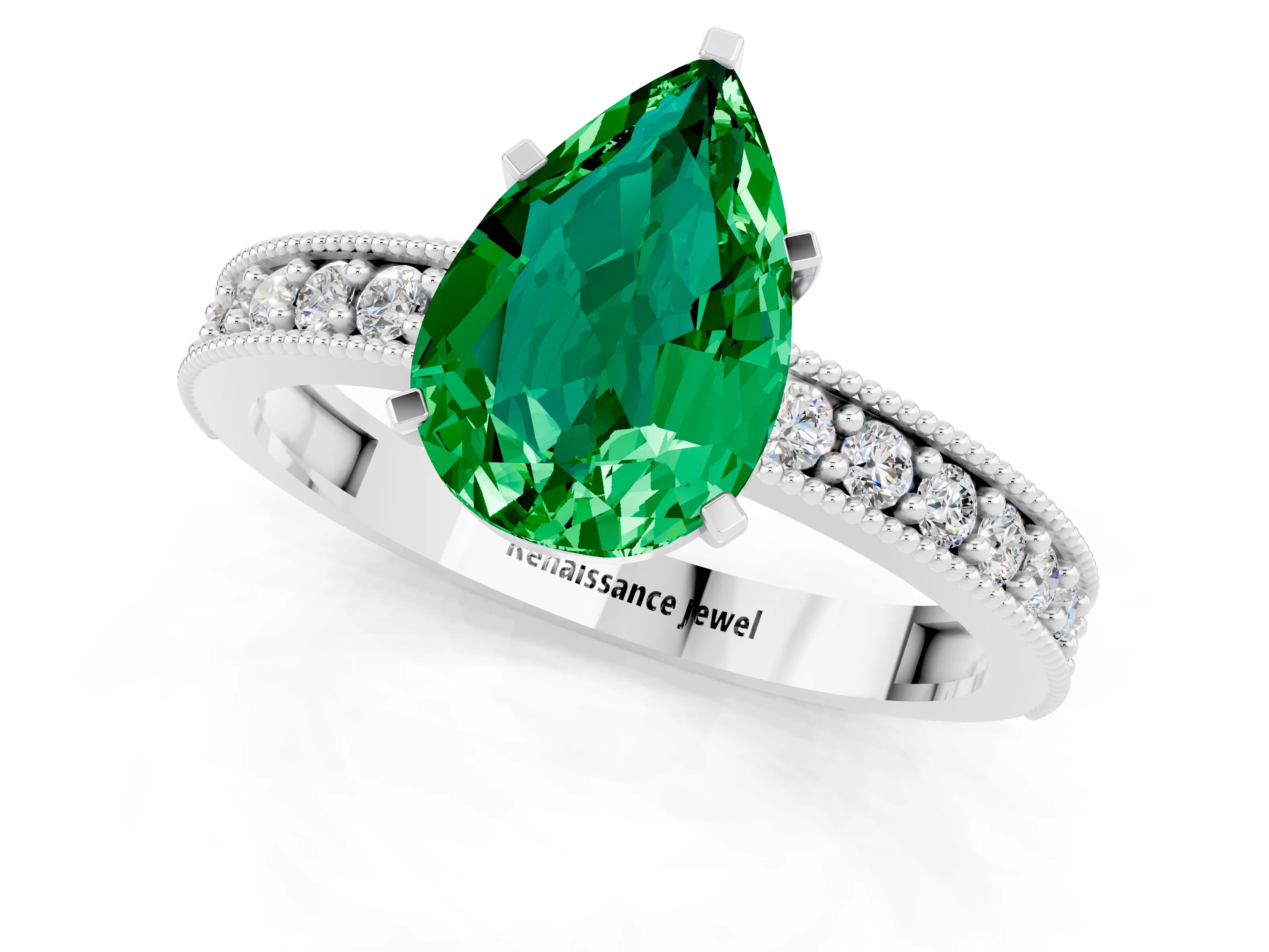 White gold Pear Cut Emerald Milgrain Pavé Engagement Ring with Four-Prong Setting_1
