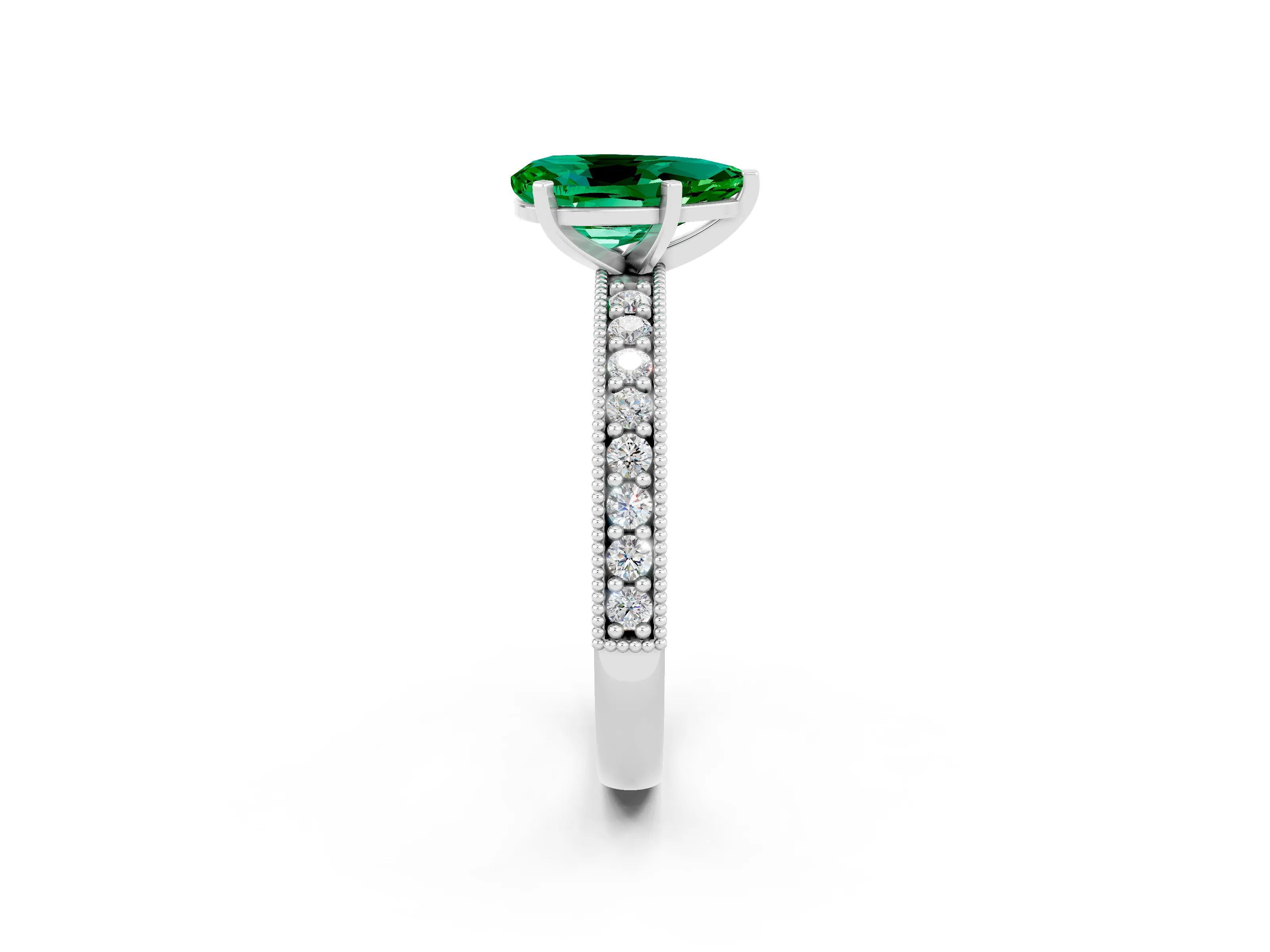 White gold Pear Cut Emerald Milgrain Pavé Engagement Ring with Four-Prong Setting_2
