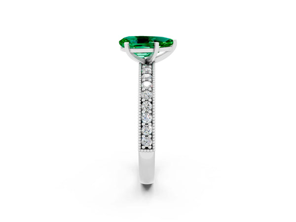 Silver Pear Cut Emerald Milgrain Pavé Engagement Ring with Four-Prong Setting