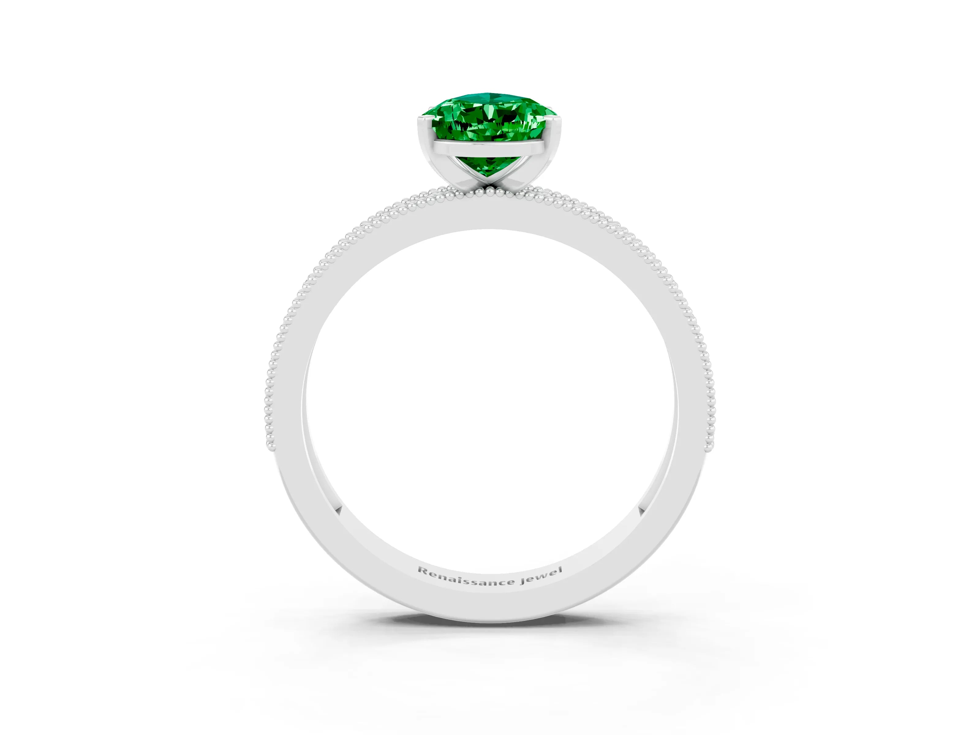 White gold Pear Cut Emerald Milgrain Pavé Engagement Ring with Four-Prong Setting_3