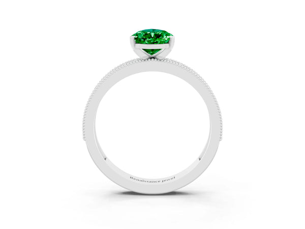 Silver Pear Cut Emerald Milgrain Pavé Engagement Ring with Four-Prong Setting