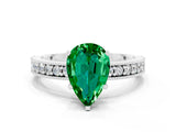 White gold Pear Cut Emerald Milgrain Pavé Engagement Ring with Four-Prong Setting