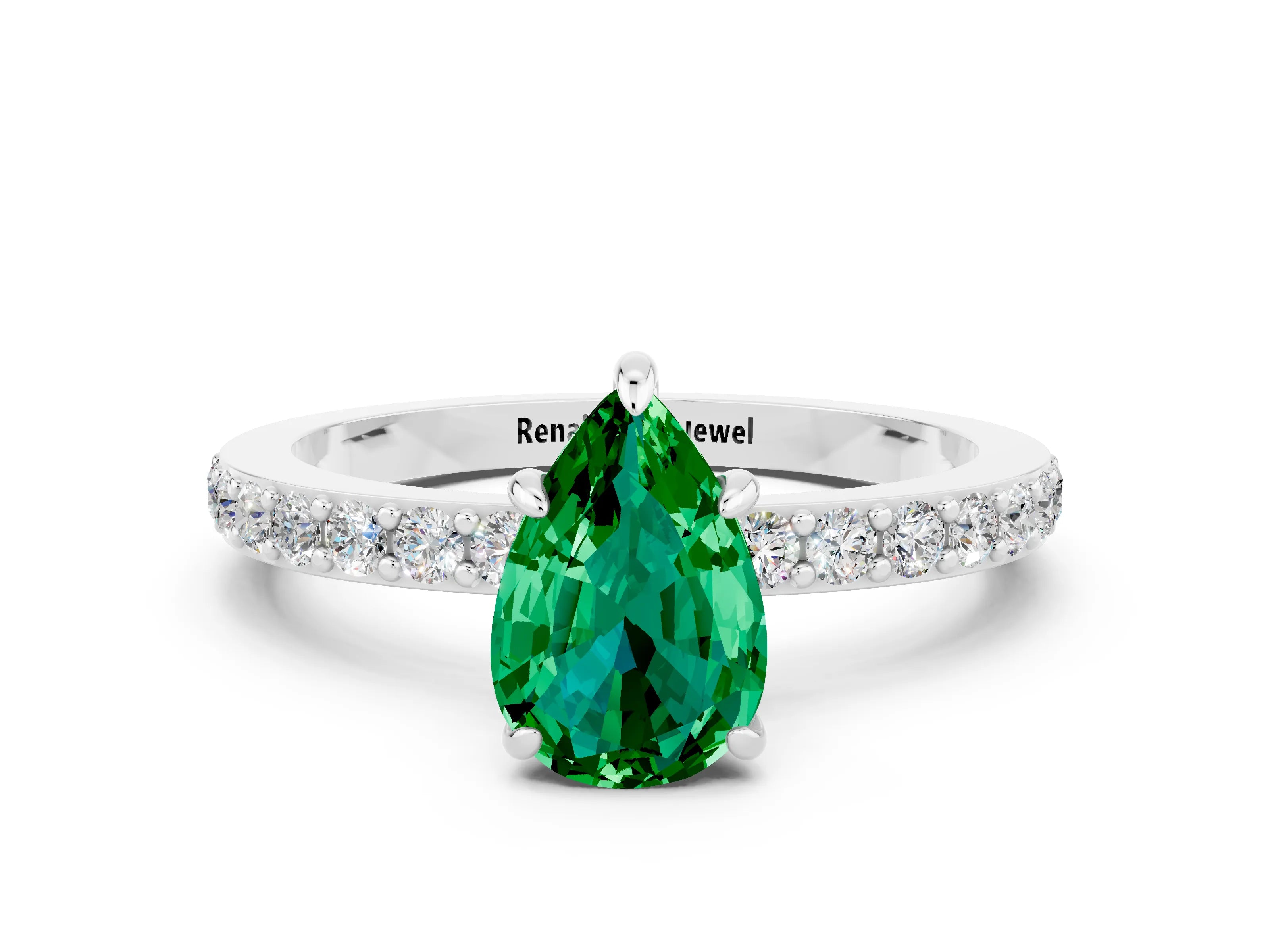 White gold Pear Cut Emerald Pavé Engagement Ring with Round  Accents and Prong Setting_24