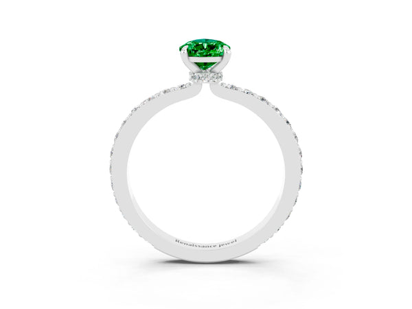 Platinum Pear Cut Emerald Pavé Engagement Ring with Round  Accents and Prong Setting