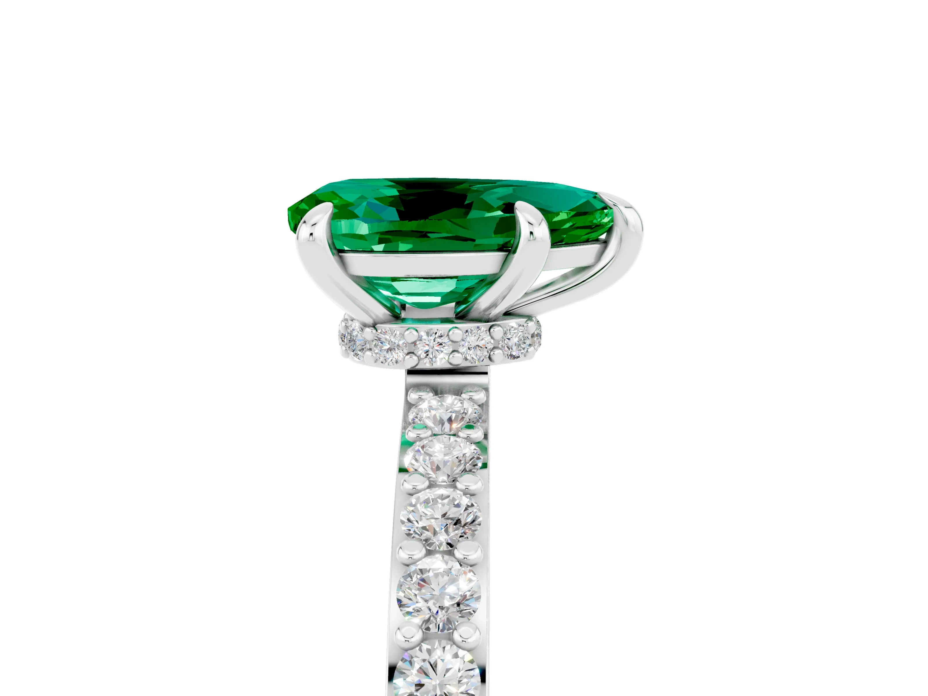 White gold Pear Cut Emerald Pavé Engagement Ring with Round  Accents and Prong Setting_29