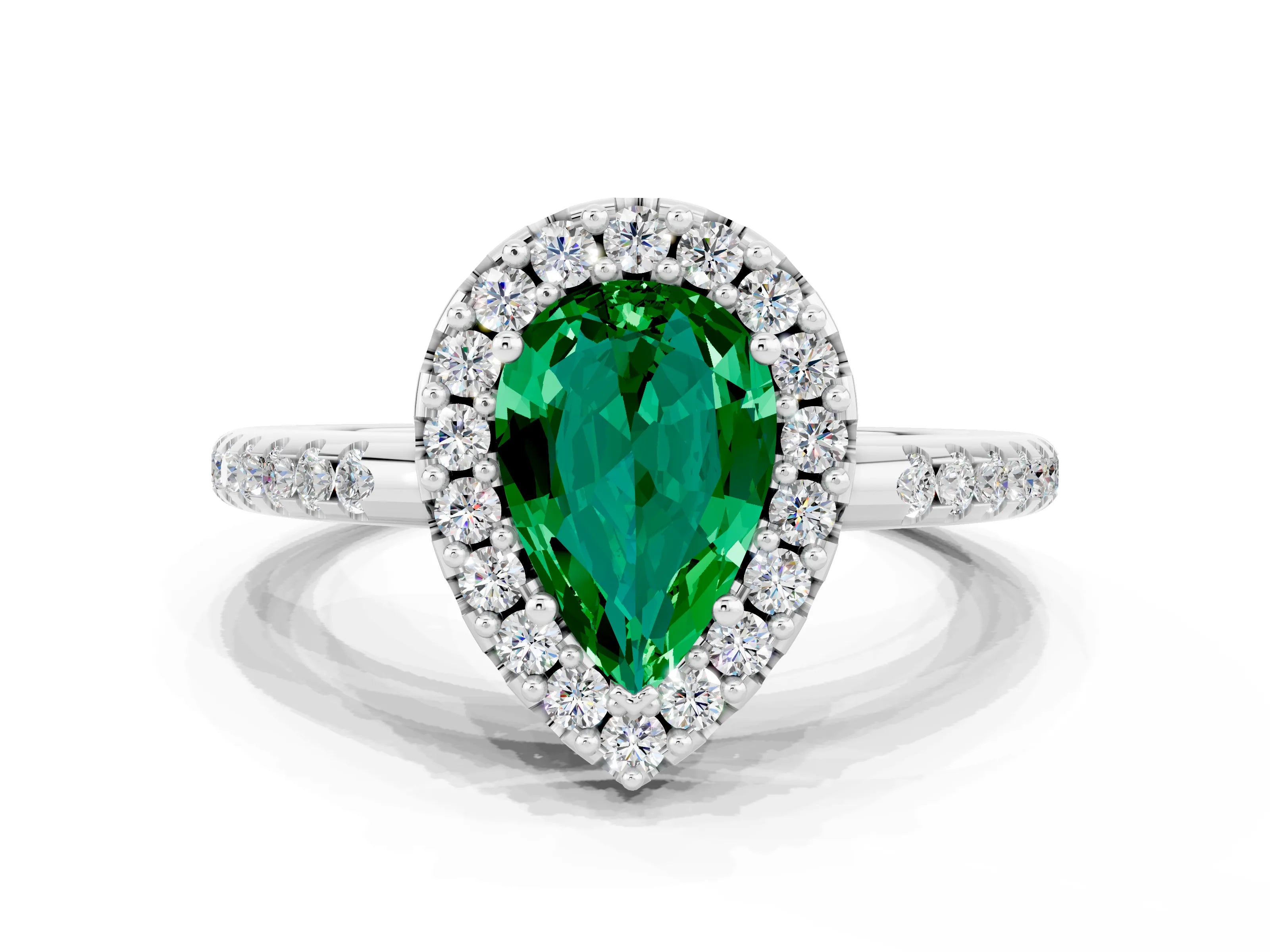 White gold Pear Cut Emerald Pavé Halo Ring with Four-Prong Setting_12