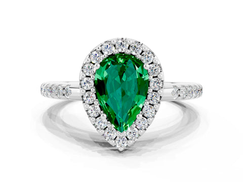 White gold Pear Cut Emerald Pavé Halo Ring with Four-Prong Setting_12