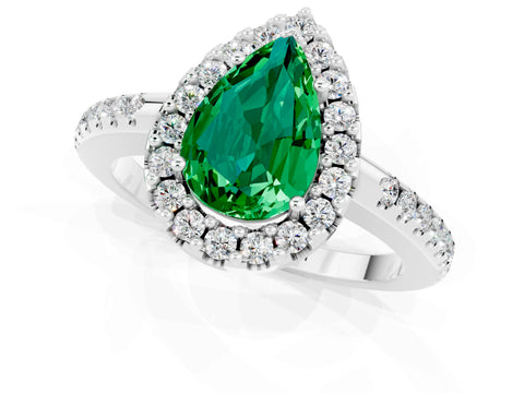 White gold Pear Cut Emerald Pavé Halo Ring with Four-Prong Setting_13