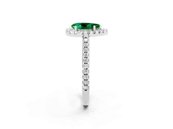 White gold Pear Cut Emerald Pavé Halo Ring with Four-Prong Setting